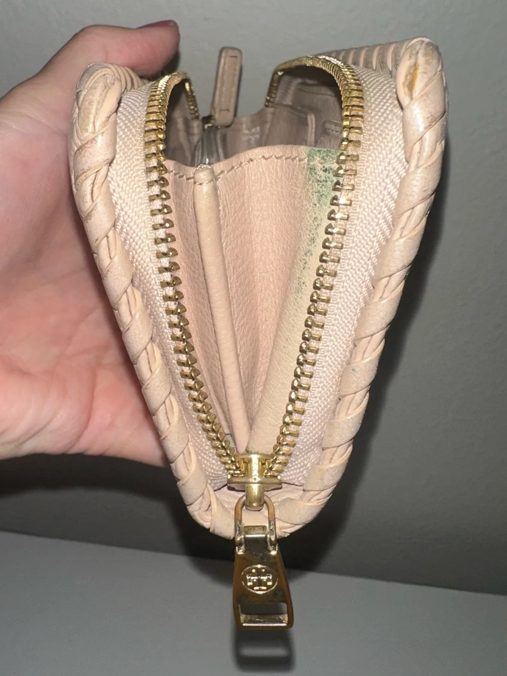 Tory Burch Blush Pebbled Leather Zip Wallet with Whipstitch Trim